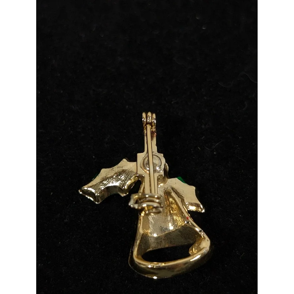 Vintage Christmas Bell Brooch Gold‎ Tone Holly Holiday Pin Retro